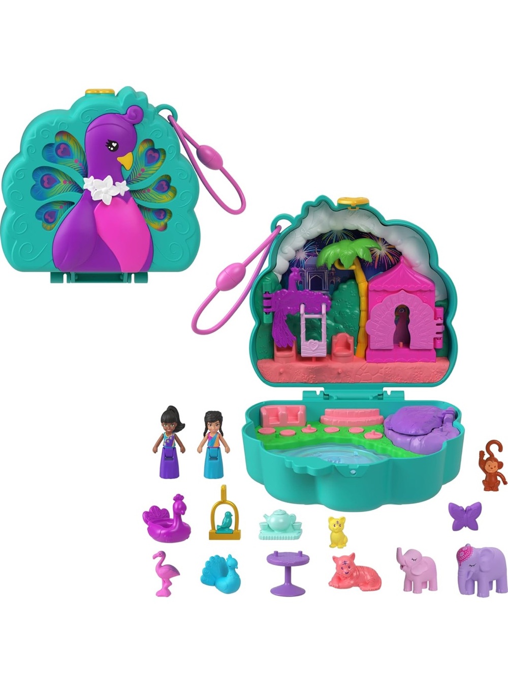 🦚NWT POLLY POCKET PEACOCK GARDEN COMPACT TOY W/ 2 MICRO DOLLS,PETS & ACCESSORIES
